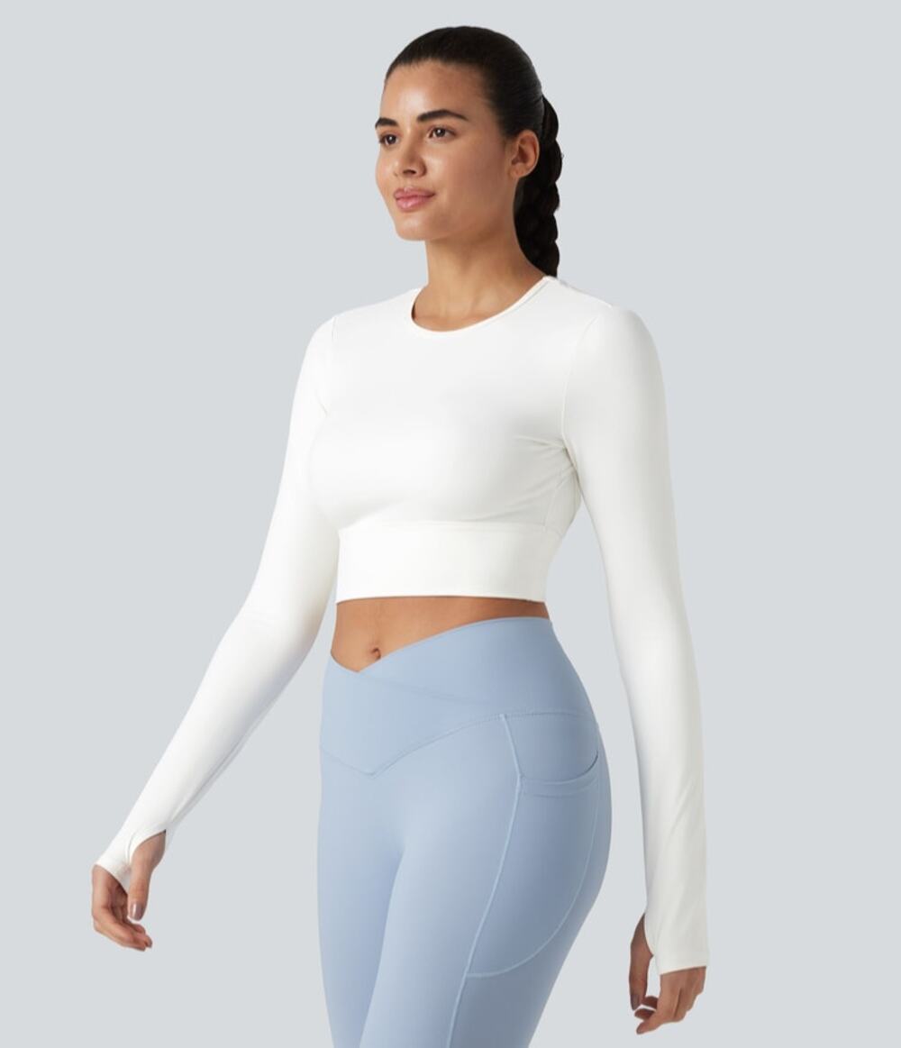 HALARA White Cropped Yoga Long Sleeve Thumb Hole Top Size L